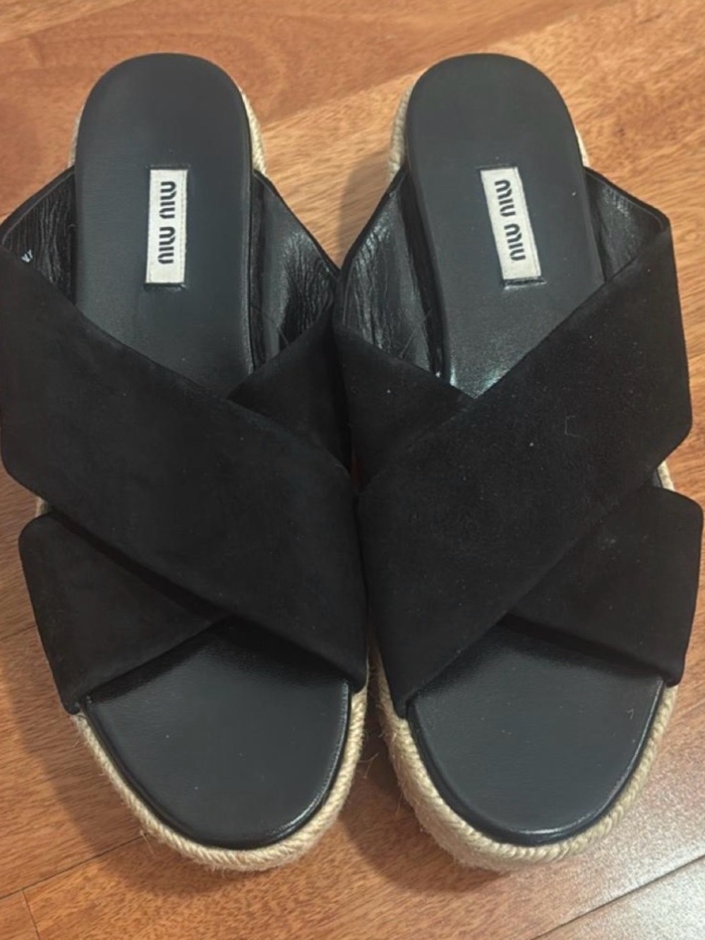 Miu Miu Black Crisscross Suede Espadrille Mules